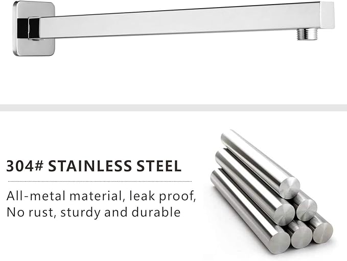 Voolan 16" Square Shower Arm with Flange and Teflon Tape, Extension Shower Head Arm for Bathroom Fixed Shower Head, Solid Stainless Steel, Wall Mounted (Chrome)