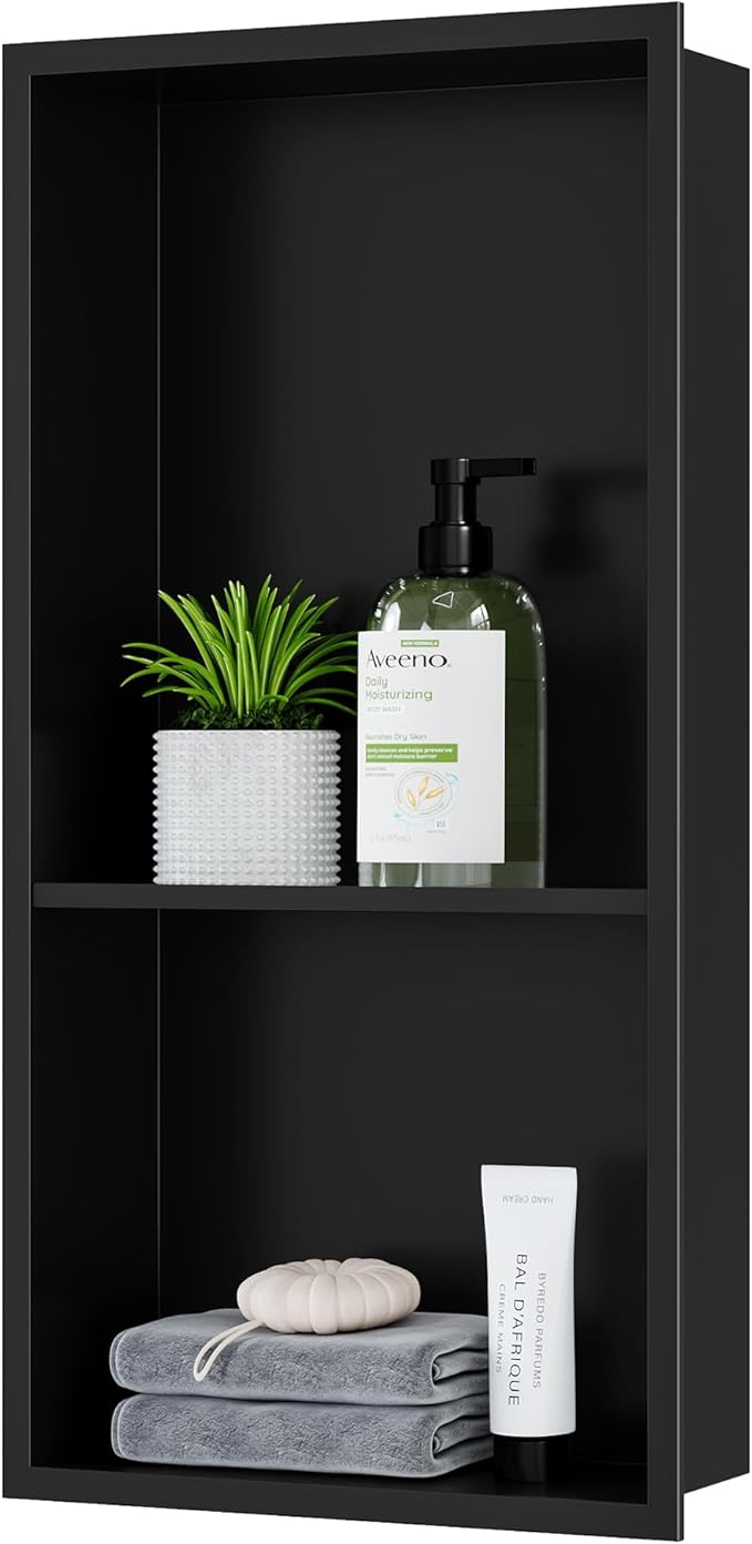 Neodrain No Tile Shower Niche, Stainless Steel Wall Cabinet 25.1"X13.1"(Inner Size 24"X12"), Two-Tier Bathroom Shelf, NO Tile Needed Recessed Niche Shower for Bathroom Storage, Matte Black