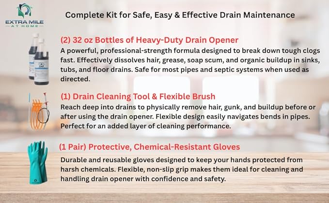 Ultimate Drain Rescue Kit, 2 Pack 32 oz Drain Opener with Cleaning Tools and Protective Gloves