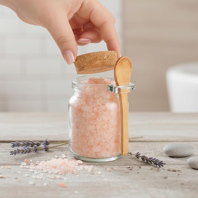 Ahhute Glass Sugar Scrubs Jars, Bath Salt Container 8oz, Salt Cellar with Spoon, Honey Scrubs Jars w/Lids, Labels and Cleaning Brush, Set of 12