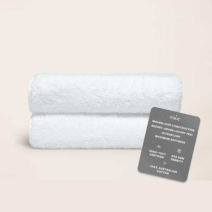 Italic Ultraplush 100% Australian Cotton Hand Towels - Set of 2 Luxury Hand Towels, Ultra Soft and Highly Absorbent 800GSM Towels for Bathroom,Shower, Hotel, and Spa (White)