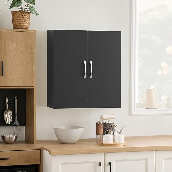 SoBuy Black Bathroom Wall Cabinet, Over The Toilet Storage Cabinet, Small Wall Mounted Medicine Cabinet with Adjustable Shelf, Narrow Floating Cabinet for Laundry Room Kitchen Entryway, BZR200-T-SCH