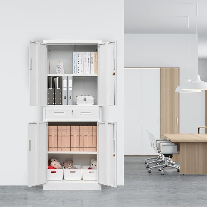 Metal Storage Cabinet, 71 Inch Tall Metal Storage Cabinet with Doors and Shelves, Pantry Cabinets with Drawer for Kitchen Storage, Garage Cabinet for Living, Dining Room, Assemble Required.