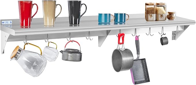 Hally Stainless Steel Shelf with 9 Hooks 12" x 72" Wall Mounted Pot Rack 345lb, NSF Commercial Floating Shelving for Storage Hanging Pots, Pans, cookware in Restaurant, Kitchen, Home and Hotel