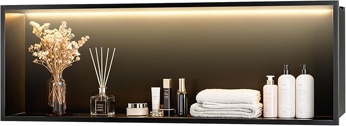 WICHEMI Stainless Steel Shower Niche 36" X 12", No Tile Needed Wall Niche with LED Light, Recessed Shower Shelf for Bathroom Storage Over Mount Installation, Matte Black