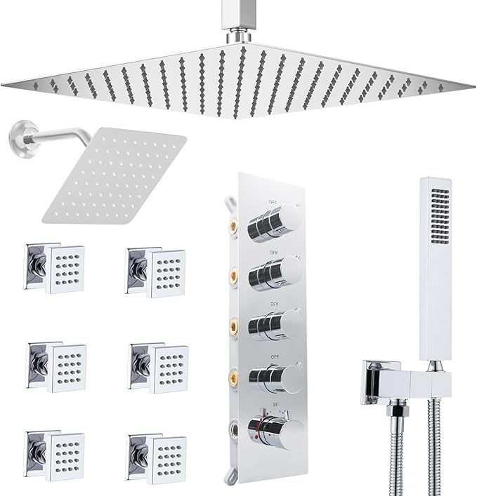 Thermostatic Shower System Dual Shower Heads with 16" Ceiling Mounted Rain Shower Head & 6" Wall Mounted Head 4 Function Full Body Shower System with body jets Can All Run Together, Chrome