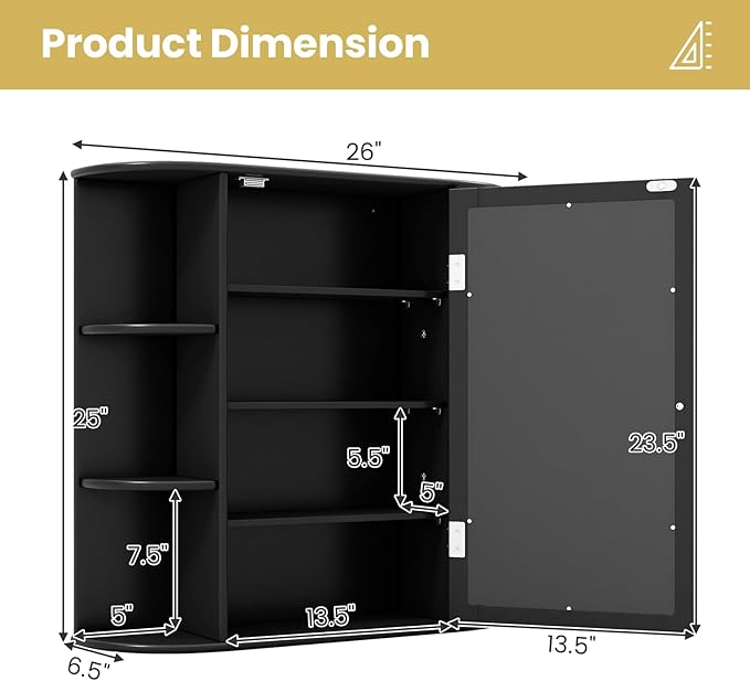 RELAX4LIFE Bathroom Wall Cabinet with Mirror - Medicine Cabinet w/Door, 6 Open Shelves & Adjustable Shelves, Over The Toilet Storage Cabinet Organizer, Mirrored Bathroom Cabinet Wall Mount (Black)
