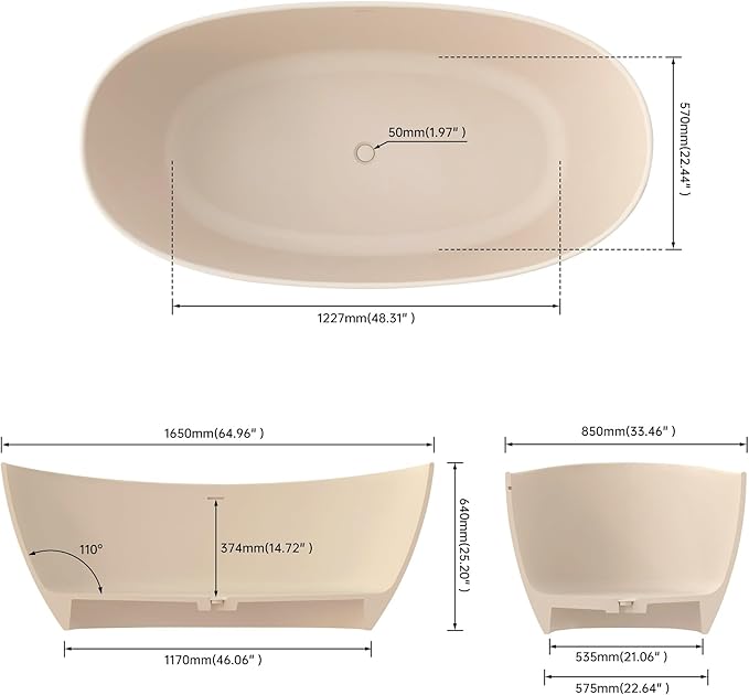 65" Premium Solid Surface Freestanding Bathtub, Modern Cream Design Stone Resin Bath Tub with Overflow and Pop-up Drain, Matte