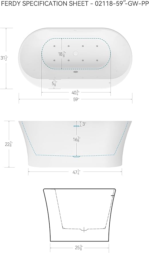 FerdY Mauritius 59 Inch Acrylic Freestanding Whirlpool Bathtub, Oval with 8 Water SPA Jets Morden White Stand Alone Jetted Tub, Luxury Acrylic Free Stand Deep Soaking Bath Tub
