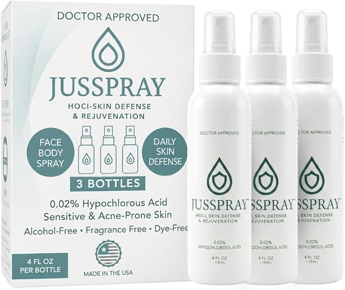 JusSpray™ Hypochlorous Acid (HOCl) Spray – Doctor Approved Skin Defense Mist 4 oz – Face & Body Toner for Sensitive, Acne & Eczema-Prone Skin, Redness Relief & Piercing Aftercare (3-Pack)