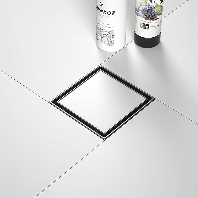Square Shower Drain 4", Brushed Floor Drain with Tiled Insert Grate & Hair Strainer, 304 Stainless Steel Bathroom 2-in-1 Tiled in Drain, CUPC Certified (Brushed, 4'')