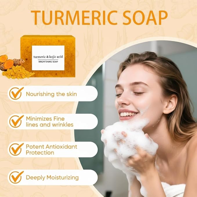 Kojic Acid Soap, Turmeric Soap Bar for Dark Spot Removal, Natural Turmeric Handmade Soaps for Face and Body, Organic Use Skin Care Soaps, Deep Cleans the Skin and Provides More Moisturizing (2Pcs)