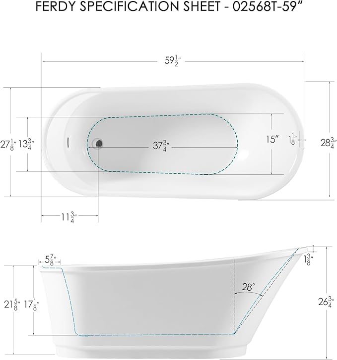 FerdY Langkawi 59" Acrylic Freestanding Bathtub, White Modern Stand Alone Soaking Bathtub, cUPC Certified, Chrome Drain and Minimalist Linear Design Overflow Included, Easy to Install, 02568T
