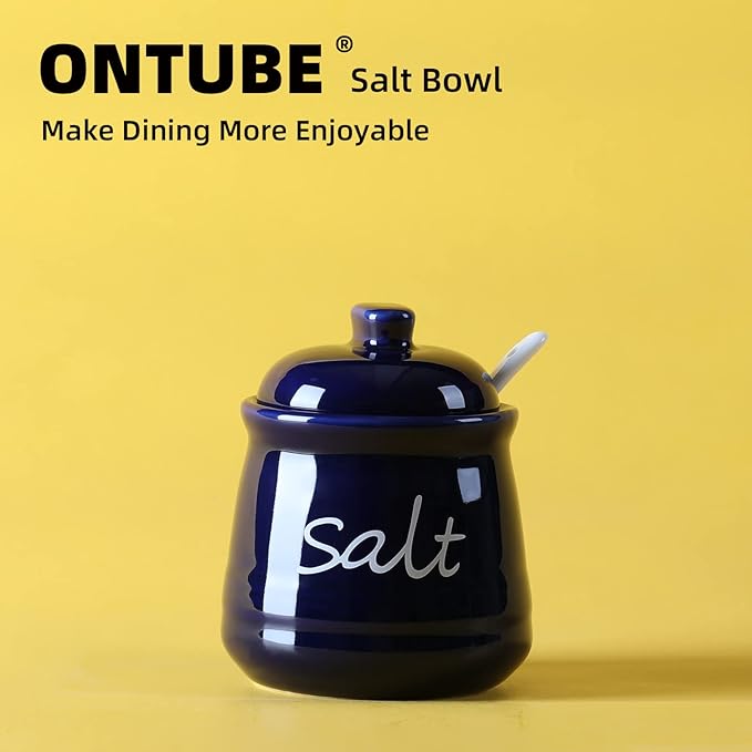 ONTUBE Ceramic Salt Bowl with Lid and Spoon 12oz White (Navy)