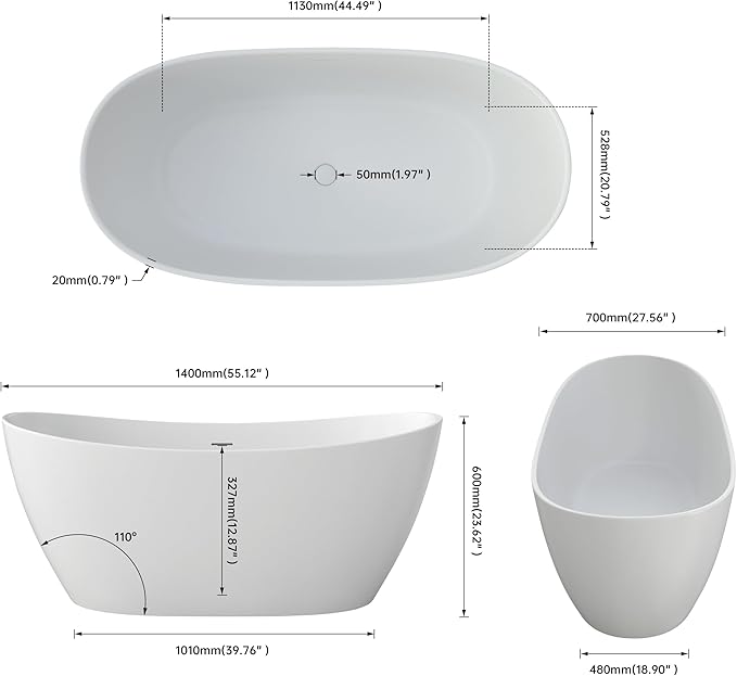 55'' High-back Freestanding Solid Surface Resin Stone Bathtub, Freestanding Tub, Contemporary Design Stand Alone Tub with Pop-up Drain and Overflow, Matte White (Oval)