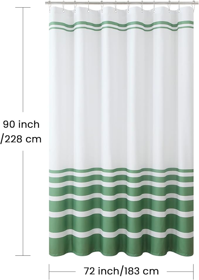 72x90 Inch Extra Long Shower Curtain, Green and White Ombre Striped Waterproof Fabric, Modern Hotel Spa Design with 12 Rustproof Grommets & Weighted Hem