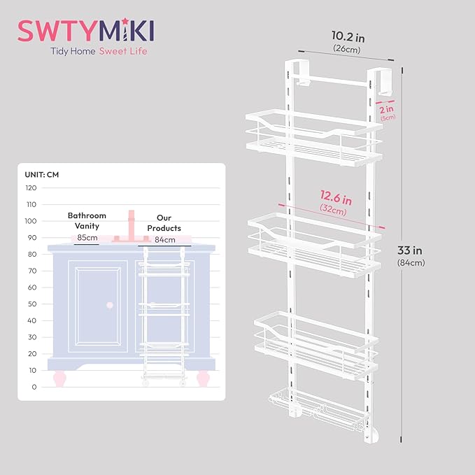 SWTYMIKI Over the Door Shower Caddy - 4 Tier Adjustable Shower Organizer Hanging with Soap Holder, No Drilling Stainless Steel Bathroom Rack Hanging for Body Wash, Shampoo, Soap, Razor, White