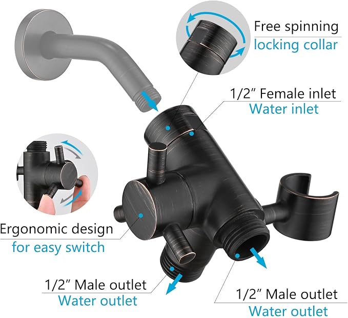 PDPBath Solid Brass 3 Way Shower Arm Diverter Valve with Handheld Holder for Dual Shower Heads with G1/2 Universal Connection - Oil Rubbed Bronze