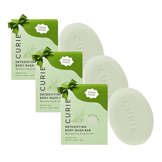Curie White Tea Detoxifying Body Wash Bar – Sulfate-Free, Vegan Cleansing Bar with Bentonite Clay & Volcanic Ash for Smooth, Refreshed Skin (3PK)