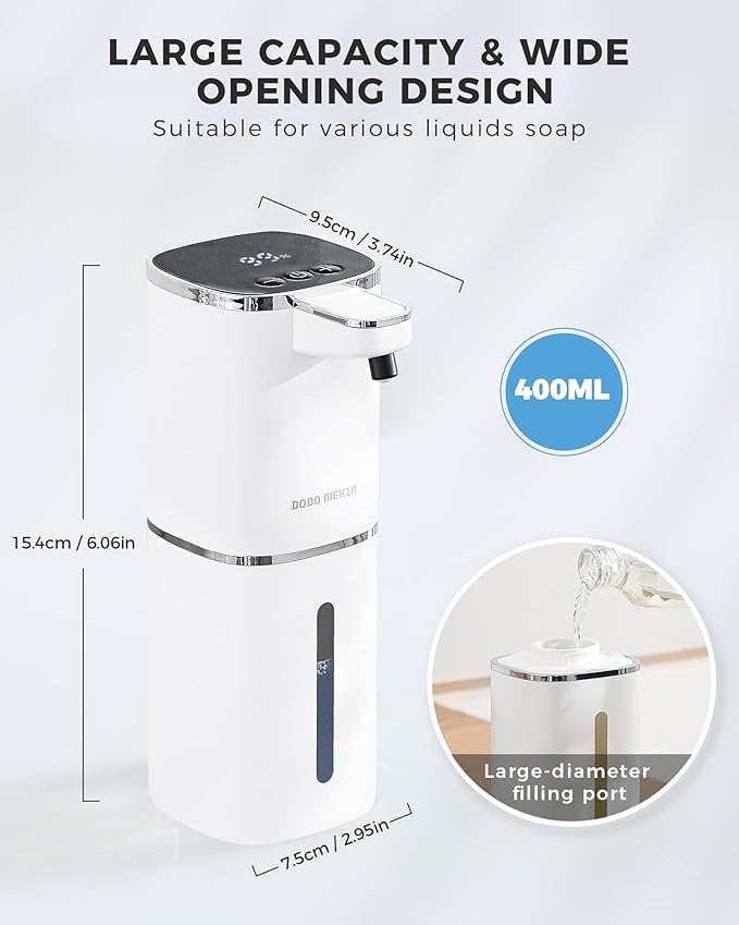 Automatic Foaming Soap Dispenser, 12.8oz Rechargeable, Adjustable Foam Levels, IPX5 Waterproof, Touchless & Wall/Tabletop Use for Kitchen Bathroom, White