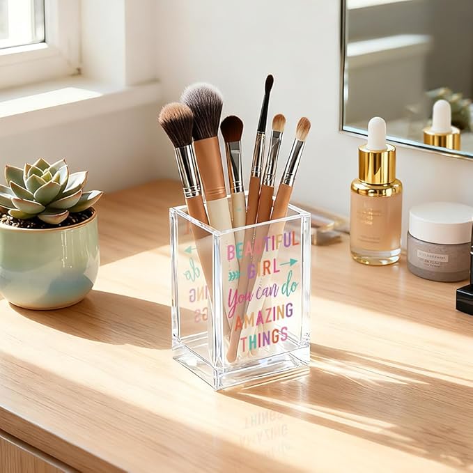 Beautiful Girl You Can Do Amazing Things Acrylic Cosmetic Holder, Inspirational Makeup Brush Holder Gifts, Encouragement Gifts for Teens Women, Bathroom Vanity Storage for Makeup Brushes