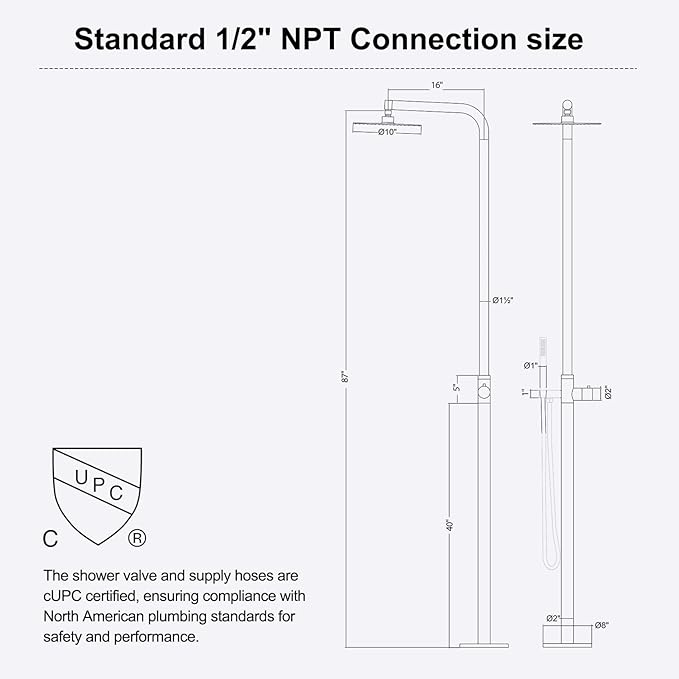 RBROHANT Freestanding Outdoor Shower, 316 Marine Grade Stainless Steel Beach Shower, Free Standing Hot and Cold Water Pool Shower with 10’’ Rain Shower Head and Handheld, Brushed Nickel, Floor Mounted