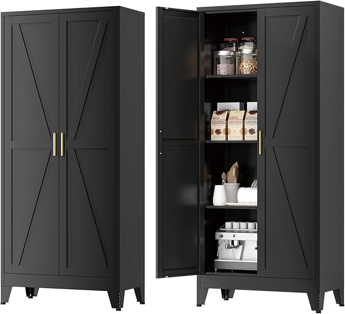61" Tall Metal Kitchen Pantry Storage Cabinet with Double Doors & 3 Adjustable Shelves, Freestanding Cupboard for Kitchen, Dining Room, Bathroom, Black