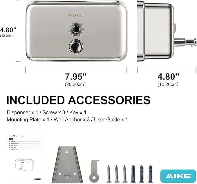 AIKE AK1005 Commercial Soap Dispenser – 37oz Capacity, Polished Stainless Steel Surface Mount
