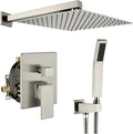 WELLFOR Wall Mounted Shower Faucet Set, Bathroom Showers Faucets, Shower System With 10" Square Rain Shower Head and Handheld, 2.5 GPM, Rough in Valve, Hot Cold Water, Single Handles (Brushed Nickel)