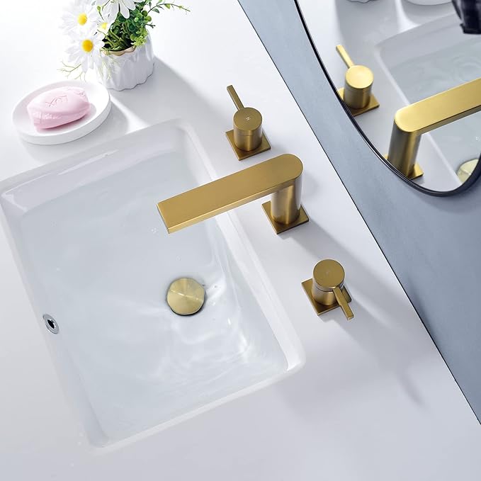 Luxury Brass Widespread Bathroom Sink Faucets with Copper Valve for 3 Hole 2-Handle 8 Inch Deck Bathroom Vanity Faucet, &Stainless Steel Pop-up Drain Assembly, Brushed Brass Gold