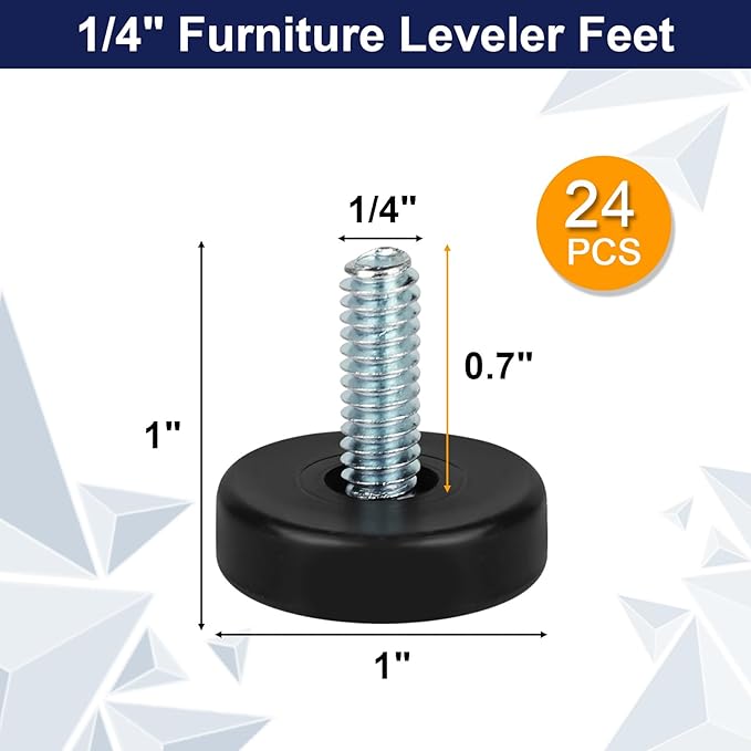1/4" Thread Furniture Feet Levelers, 24 PCS Adjustable Furniture Feet Threaded Screw in, Leveling Feet Screw On Furniture Glide Leveling for Table, Cabinets, Chairs, Stool Legs