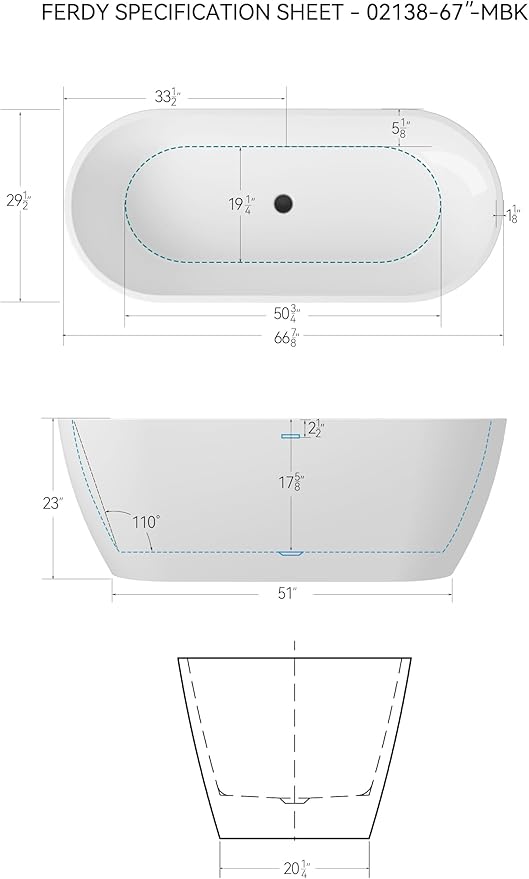 FerdY 67" Bali Elite Acrylic Freestanding Bathtub, Gracefully Shaped Freestanding Soaking Bathtub, cUPC Certified, Toe-Tap Matte Black Drain and Minimalist Linear Design Overflow Included