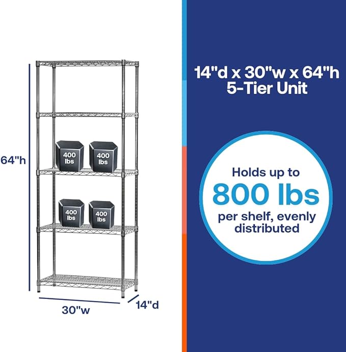 Shelving Inc. 14"d x 30" w x 64" h Chrome Wire Shelving with 5 Tier Shelves, Weight Capacity 800lbs Per Shelf