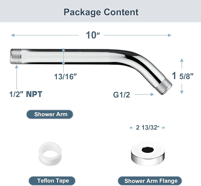 BRIGHT SHOWERS Shower Arm with Flange 10 Inches Solid Brass Shower Head Extension Arm, Wall Mounted Shower Pipe Arm for Rainfall Shower Head and Handheld Showerhead, Chrome