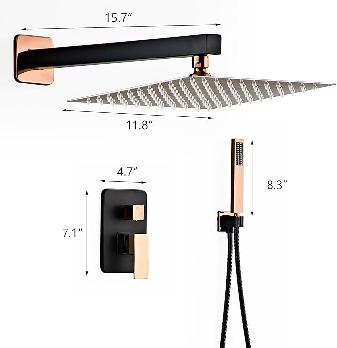 Shower Faucet Set, Matte Black and Rose Gold Rainfall Shower System Complete Wall Mounted for Bathroom with 12 Inch Square Shower Head and Handheld Shower Head Rain Mixer Combo Set