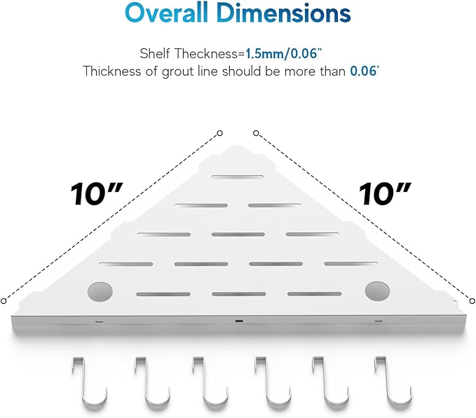 Corner Shower Shelves, 10" White 304 Stainless Steel Recessed Shelf for Bathroom，Grout in Shelf with Hooks for Tiled Wall 2 Pack (White)