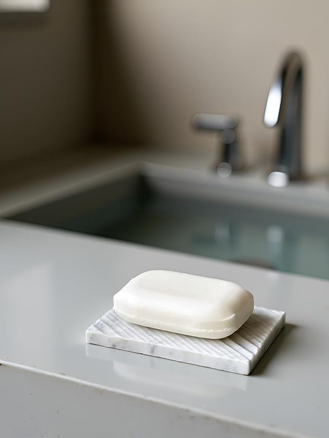 Real Marble Soap Dish - Soap Dish for Shower, Shower Bar Soap Holder, Marble Dish for Bathroom Kitchen, Decorative Stone Soap Dish (Calacatta White, Twill Rectangular)