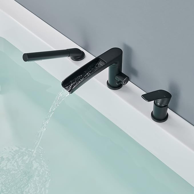Waterfall Roman Tub Faucet Black Deck Mount Bathtub Faucets Brass Tub Filler Bathroom Faucets with Hand Shower
