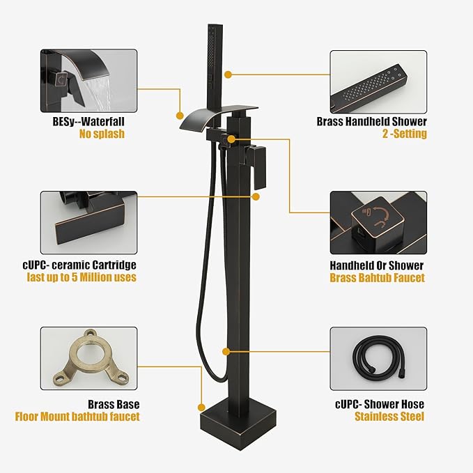 BESy Freestanding Tub Faucet Oil Rubbed Bronze Floor Mounted Tub Filler Faucet Brass Bathroom Tub Faucets with 2 Function Hand Shower