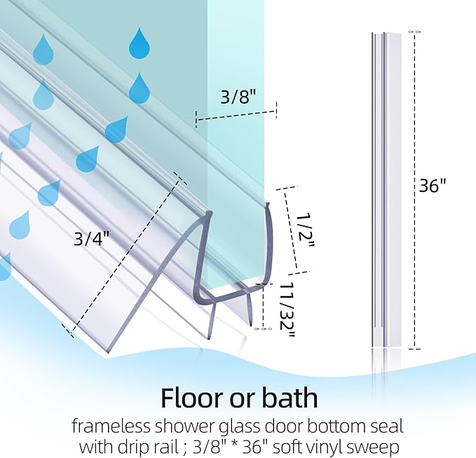 POZIA Shower Door Bottom Seal Frameless Glass Shower Door Seal Strip Clear Vinyl Durable Stop Shower Leaks and Create a Water Barrier Ultra Clear (2PACK-3/8in)