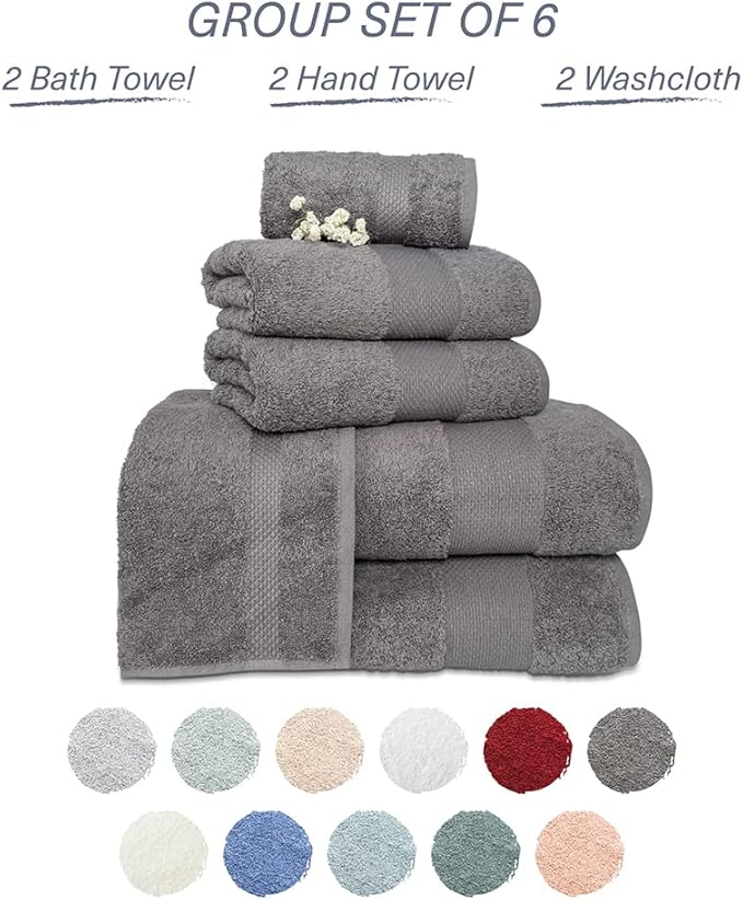 Hencely 6-Piece Bath Towel Set - High Absorbency, Quick Drying - 100% Soft Turkish Cotton - 2 Bath Towels, 2 Hand Towels, 2 Washcloths - for Bathroom, Home, Hotel, Spa, and Gym - 6-Pack Gray