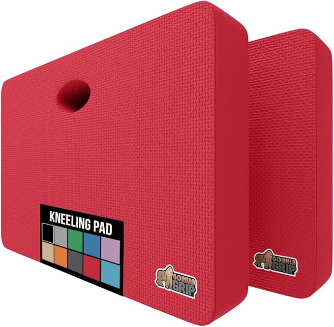 GORILLA GRIP Extra Thick Patent Pending Soft Foam Kneeling Pad, 2 PK, Supportive Large Cushion Knee Pads for Gardening, Baby Bath, Dirt and Water Resistant, Workout and Garden Supplies, 17.5x11, Red