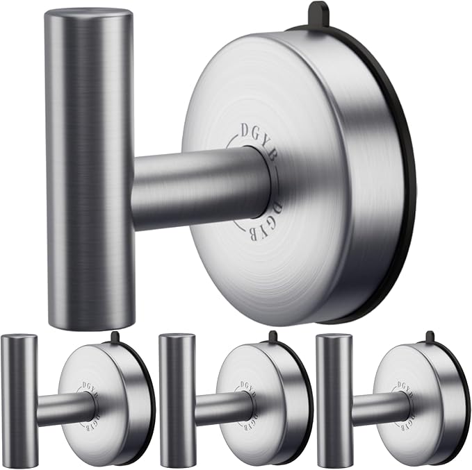 DGYB Large Suction Cup Hooks for Shower Set of 4 - Brushed Nickel Towel Hooks for Bathrooms - Stainless Steel Removable Wall Hooks - 15 Lb Heavy Duty Hanging