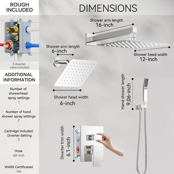 Shower Faucet Set Shower Systems, STARBATH 3 Way Shower Faucet with 2 in 1 Handheld, Ceiling Mount 12+6" Dual Rain Shower Head for Two People (6"+12" Shower Head-Handheld-Wall Mounted, Chrome)