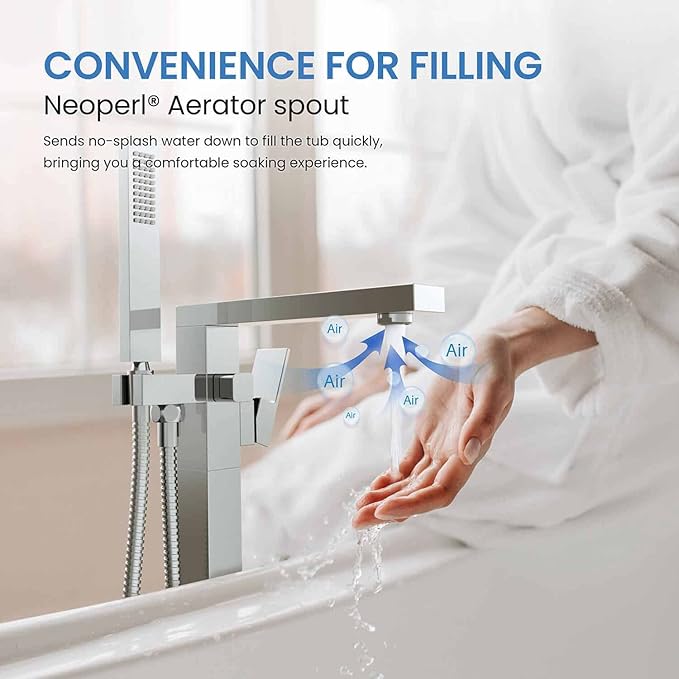 KIBI Cube Chrome Finish Freestanding Bathtub Faucet ‑ Floor‑Mounted Brass Tub Filler with Single‑Handle Bathroom Faucets with Hand Shower, Ceramic Cartridge & Stainless Steel Hose (KTF302CH)