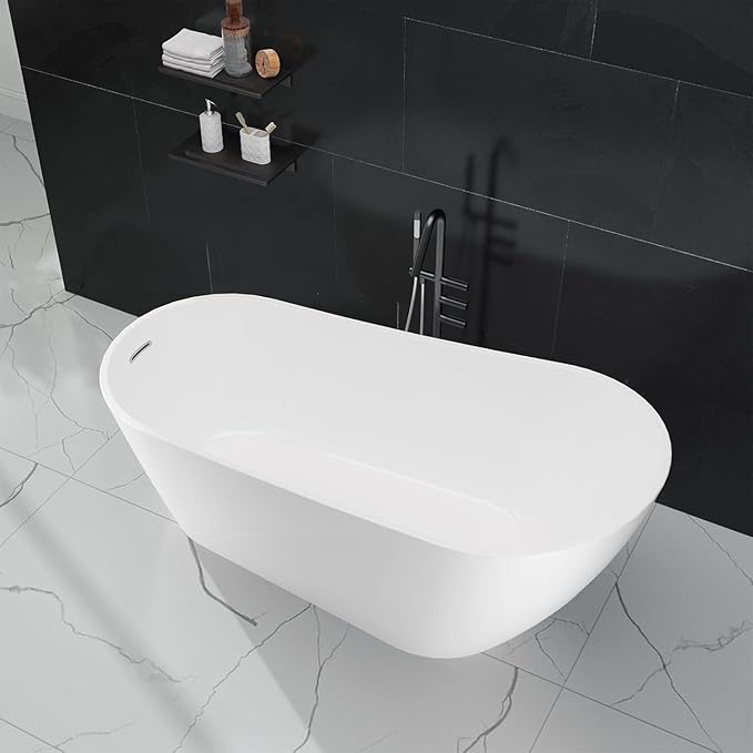 59" Acrylic Soaking Bathtub, Deep Modern Tub with Non-Slip Base, CUPC Certified, Space-Saving Bath with Chrome Drain and Overflow, Easy Install for Small Bathrooms, White