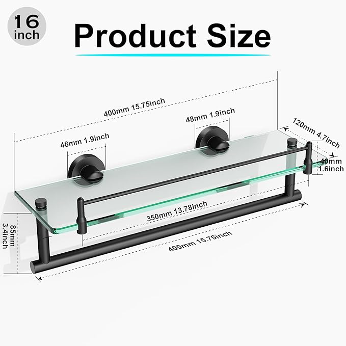 Bathroom Towel Rack with Tempered Glass Shelf 16 Inch, Matte Black Floating Wall Mount Storage
