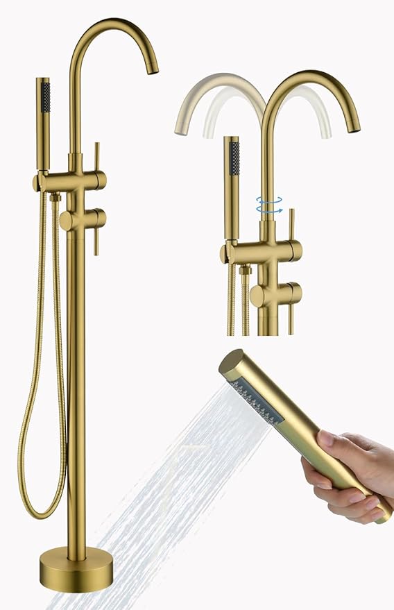 Modern Freestanding Tub Faucet with 360 Swivel Gooseneck Spout and Handheld Shower, Gold Floor Mount Tub Filler