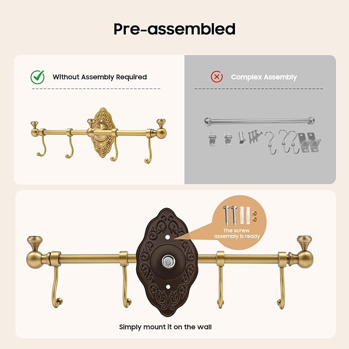 TFCFL Wall Mounted Towel Rack with 4 Hooks, Vintage Gold Brass Bathroom Organizer 14.17", H59 Brass for Bathroom & Kitchen