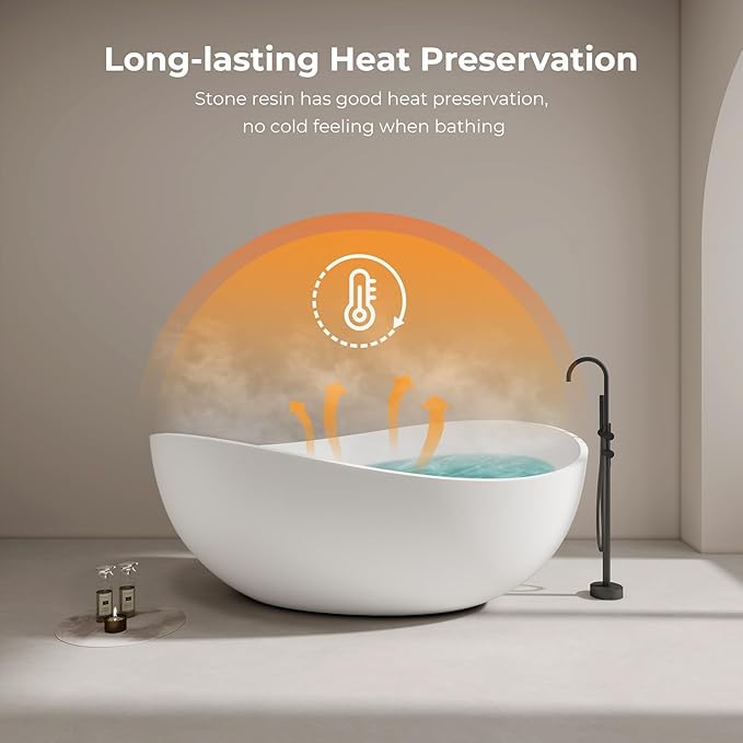 Premium Upgraded 63" Solid Surface Freestanding Bathtub, Unique Oval Stone Resin Tub with Overflow and Pop-up Drain, Matte White